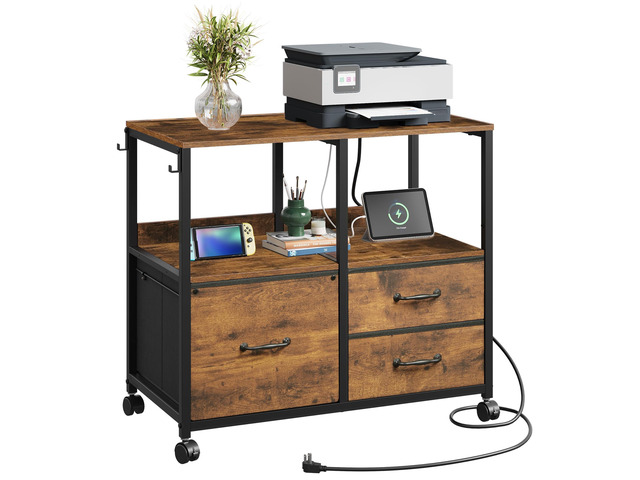 3 Drawer Mobile File Cabinet, Fabric Filing Cabinet, Rustic Brown Lateral Rolling Printer Stand with Charging Station & Storage Shelf, Fits A4 or...