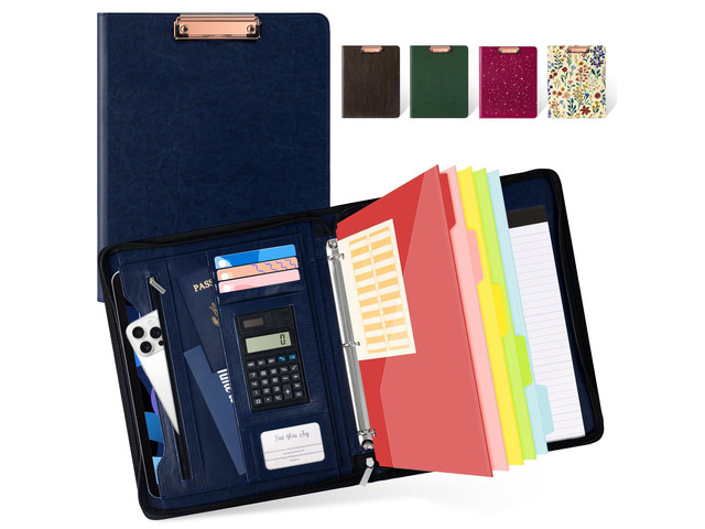 3 Ring Portfolio Binder with Zipper, Leather Clipboard with Storage, Padfolio Folder for Men, 12.1 Tablet Sleeve, 5 Dividers with Pocket,...