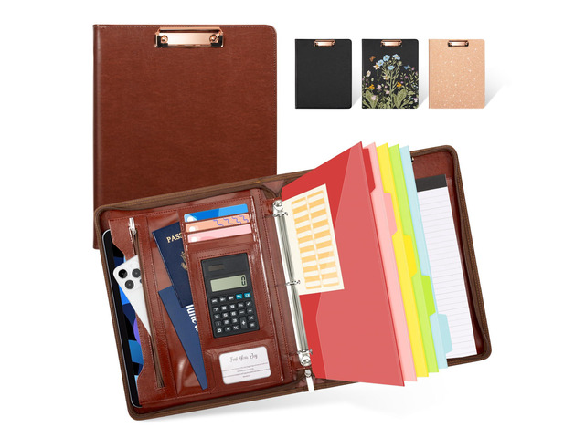 3 Ring Binder Portfolio Folder with Zipper- Leather Padfolio with Clipboard Storage- Calculator, 12.1 Tablet Sleeve, 5 Dividers with Pocket,...