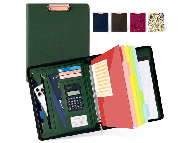 Green Clipboard with Storage 3 Binder Leather Portfolio Folder with Zipper, 12.1 Tablet Sleeve, 5 Dividers with Pocket, Refillable Notepad, Card Slot