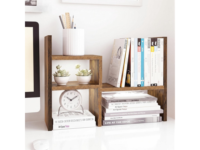 Adjustable Wood Desktop Display Shelf Natural Wood Tone Wooden Desk Organizer, Cute Dorm & Cubicle Decor. Stores Makeup & Mini Plants, Space-Saving...