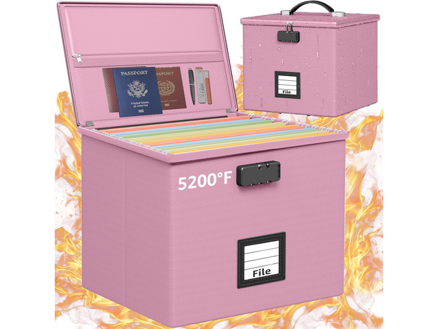 Pink Fire Proof File Box for Documents - Portable Fireproof Document Organizer Box with Handle Waterproof Safe Locking Folder Storage with Lid