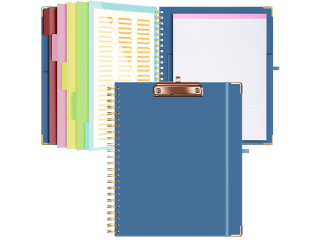 Clipboard with Storage 8.5 X 11Padfolio Organizer, Spiral Portfolio Letter Size with Notepad, Pen Holder, 5 Extra Folder Divider Pages, Elastic...