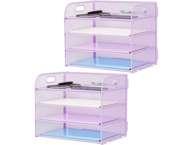 2 Pack 4 Tier Paper Organizer Letter Tray - Mesh Desk File Organizer with Handle, Paper Sorter Organizer for Letter/A4 Office File Folder Holder...