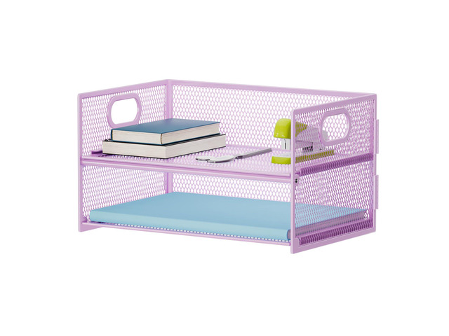 2 Tier Paper Organizer Letter Tray, Mesh File Organizer with Handle, Paper Sorter Desk Organizer for Home Office Supplies - Purple