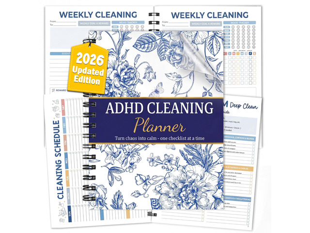 ADHD Cleaning Planner, Blue Floral Daily Weekly Monthly Checklists Spiral Bound Schedule Organizer for Adults & Teens, Weekly & Monthly Household...