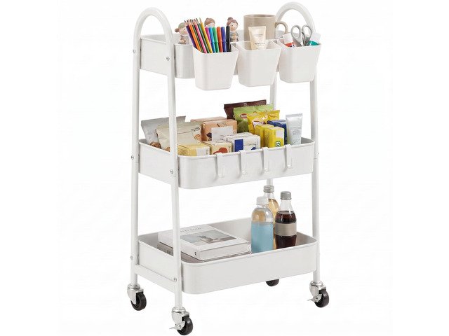 3-Tier Rolling Cart, Utility Cart Mobile Metal Rolling Storage Cart with Lockable Wheels & Hanging Cups & Hooks for Kitchen, Bathroom, Office,...
