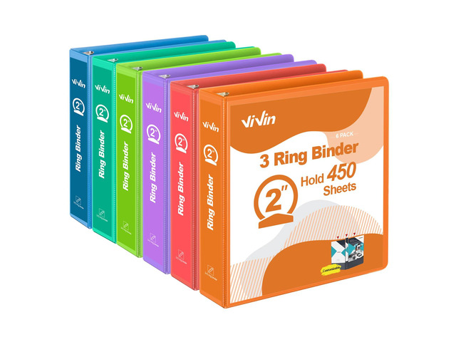 2 Inch Round Ring View Binder for Durability, 6 Pack (Assorted) Standard 3 Ring Binder for 450 Sheets of US Letter Size Paper, PVC-Free, Clear...
