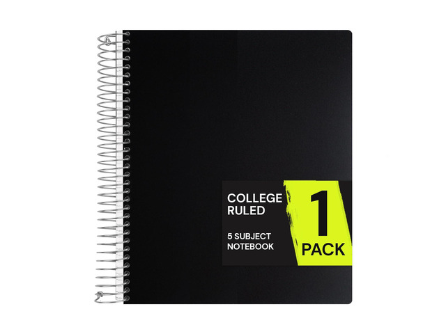5 Subject Spiral Notebook College Ruled, 400 Pages, Black 200 Sheets, 9 x 11 in, 6 Pack Waterproof Plastic Cover, Durable, School Notebooks,...