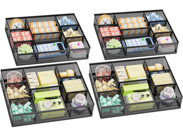 2 Pack Desk Drawer Organizer, Mesh Drawer Organizer Tray with 8 Adjustable Compartments, Desk Organizers and Accessories, 5 Dividers Drawer for...