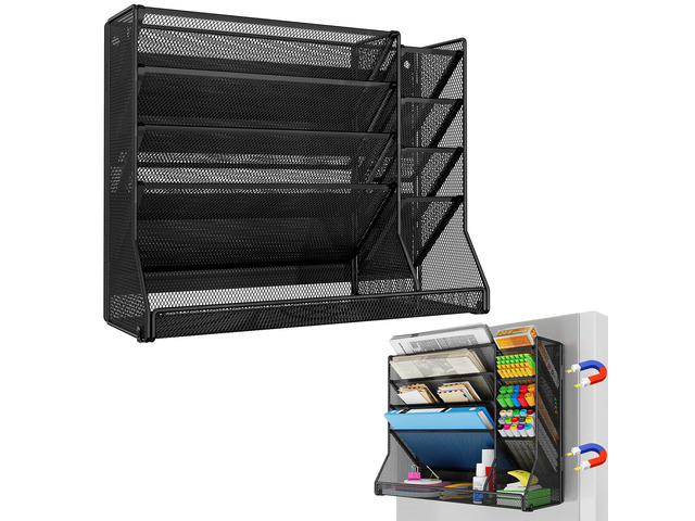 5-Tier Magnetic File Organizer R-Shaped Base Wall Hanging Black Magnetic file holder for refrigerator, 5-tier wall mount file organizer, paper...