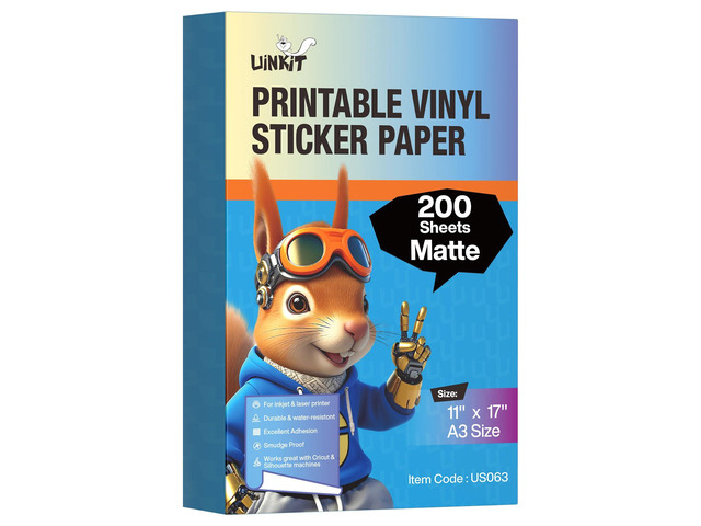 Matte Printable Vinyl Sticker Paper 200 Sheets 11' x 17' Waterproof Tear-Resistant Decals for Crafts, Labels & Small Projects with Inkjet & Laser...