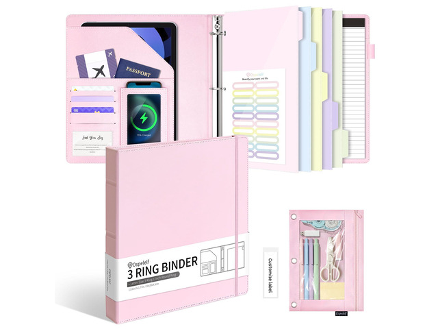 Leather 3 Ring Binder for Letter Size Documents with PVC Pocketed Dividers, 1 Inch Round Rings, Holds 175 Sheets, Binders with Storage Bag &...