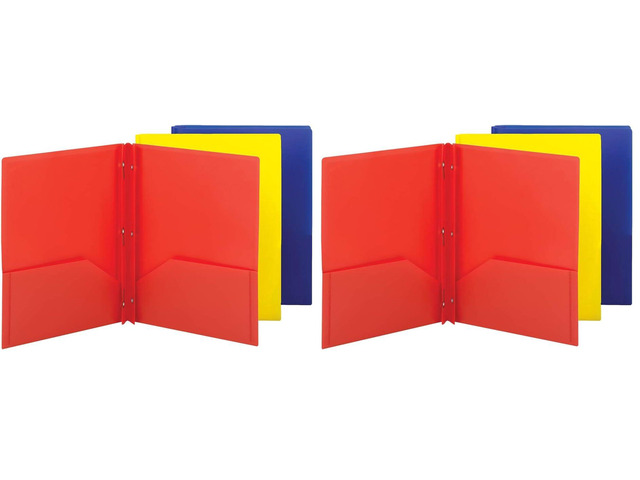 Poly Two-Pocket Folder,Three-Hole Punch Prong Fasteners,Letter Size,Assorted Colors,3 per Pack (87738),(Pack of 2)