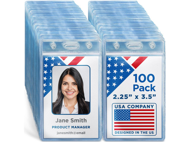 USA Plastic Waterproof ID Badge Holders (Clear, 2.25x3.5 Inch, 100 Pack), Vertical Hanging Name Card Holder with Zipper, Resealable Bulk Nametag...