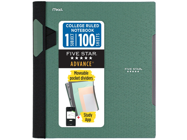 Advance Spiral Notebook + Study App, 1 Subject, College Ruled Paper, 8-1/2' x 11', 100 Sheets, Spiral Guard, Movable Tabbed Dividers, Seaglass...