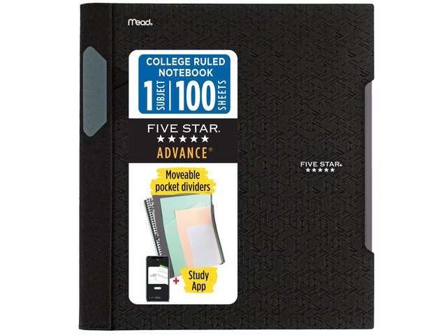 Advance Spiral Notebook + Study App, 1 Subject, College Ruled Paper, 8-1/2' x 11', 100 Sheets, Spiral Guard, Movable Tabbed Dividers, Black...
