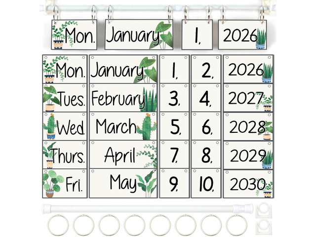 Greenery Flip Calendar for Classroom Decor Bulletin Board 2026 to 2030 Years Date Cards and Adjustable Rod Greenery Calendar Chart Class Whiteboard...