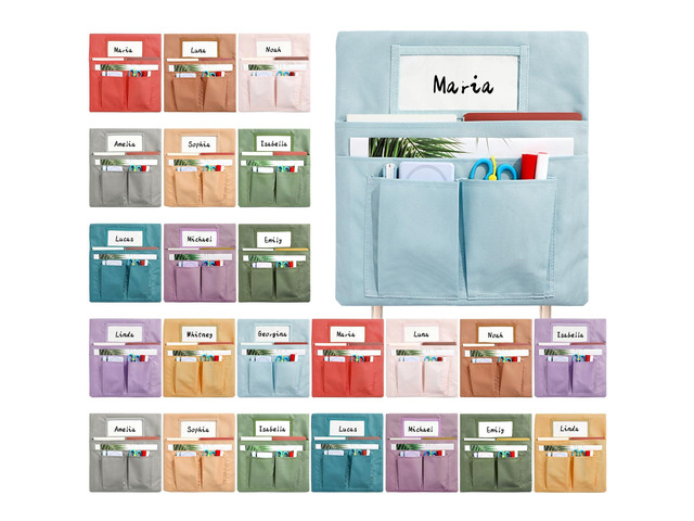 24 Pcs Small Chair Pockets for Classroom 13 x 14 Inch Bag with Name Tag Multi Pockets Chairsback Pouch Organizer for Student Kindergarten...