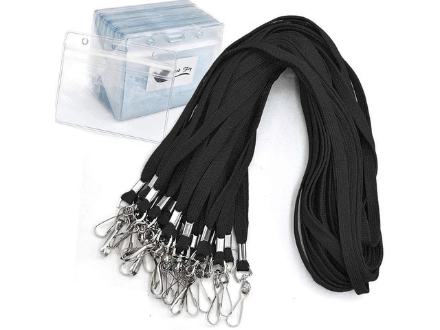 Name Tags Lanyard Badge Holder Pairs (Set of 50, Black): Woven Round Lanyard & Horizontal Sealable Waterproof Clear Plastic ID Card Name