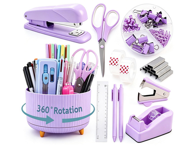 Purple Desk Organizers and Accessories with Desk Organizer 360Â° Rotating Pen Holder and Office Supplies, Cute Stationery Supplies Set