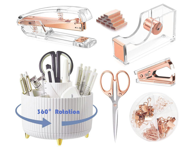 Rose Gold Desk Organizers and Accessories with Desk Organizer 360° Rotating Pen Holder and Office Supplies, Cute Stationery Supplies Set