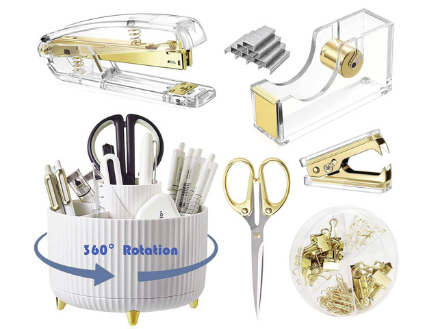 Gold Desk Organizers and Accessories with Desk Organizer 360° Rotating Pen Holder and Office Supplies, Cute Stationery Supplies Set