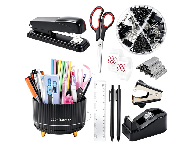 Black Desk Organizers and Accessories with Desk Organizer 360° Rotating Pen Holder and Office Supplies, Cute Stationery Supplies Set