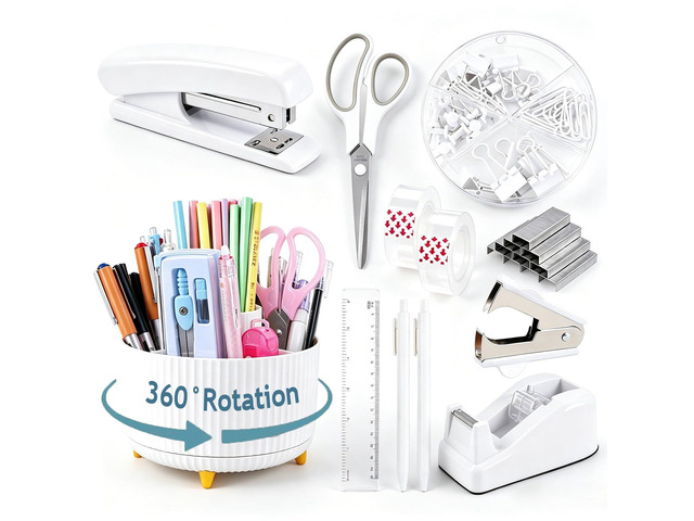 White Desk Organizers and Accessories with Desk Organizer 360° Rotating Pen Holder and Office Supplies, Cute Stationery Supplies Set