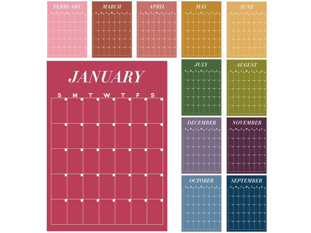 Undated Wall Calendar, Colorful, 12 Pcs for Classroom Office Home, Dry Erase Reusable Design, 16''x12'' Large Size, Undated Yearly, Back to School...
