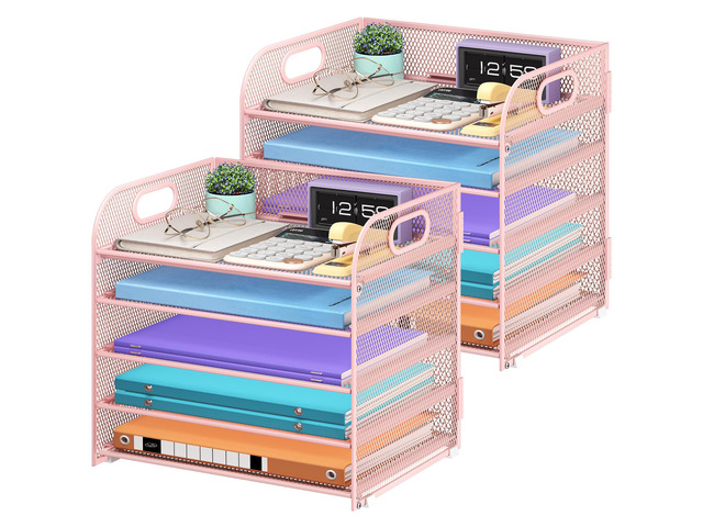 2 Pack 5 Tier Paper Organizer, Letter Tray with Handle, Mesh Desk Organizer, Metal File Organizer, Office Desk Accessories for Home, Office,...
