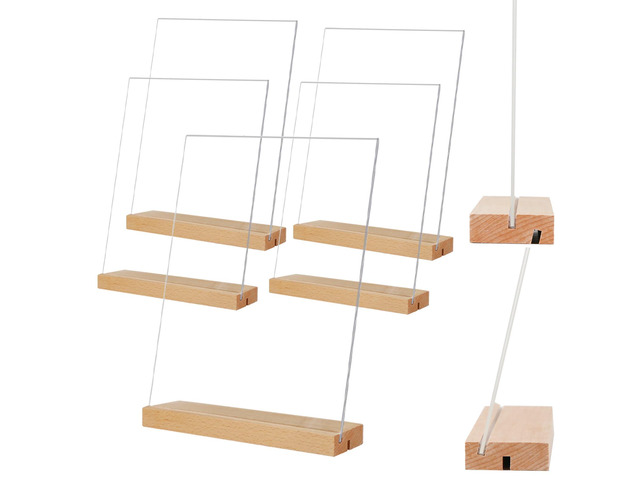 8.5 x 11 Acrylic Sign Holder with Wood Base 5 Pack L/T Shape Vertical or Slant Back Display for Wedding, Restaurant, Store, Office, Hotel