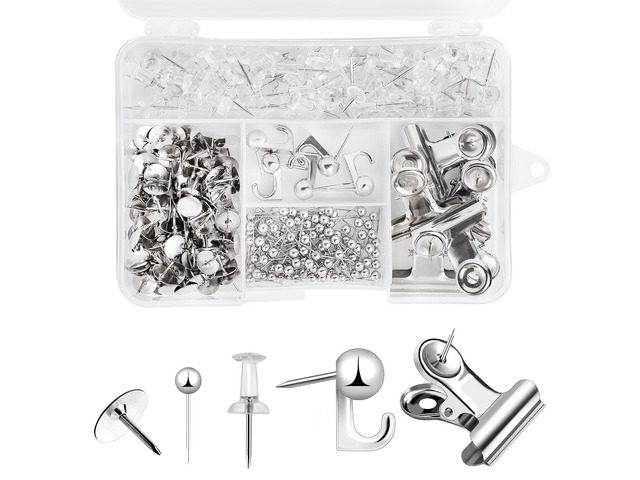310 Pcs Silver Push Pins Set, 5 Styles for Cork Board, Office, Home Plastic & Metal; Reusable 5-Compartment Box; For Notes, Photos, Maps,...