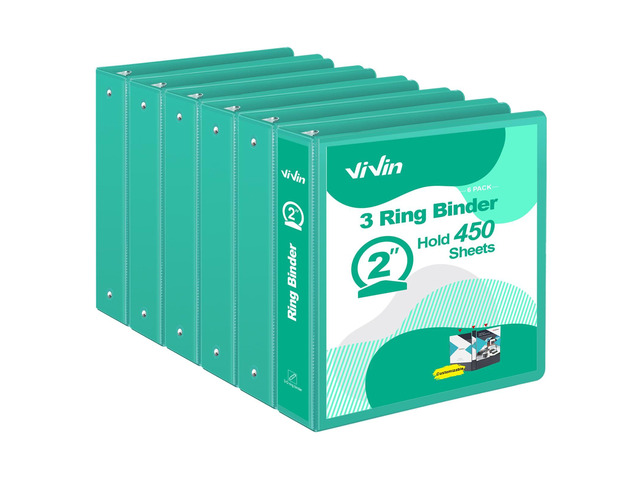 2 Inch Round Ring View Binder for Durability, 6 Pack (Lake Green) Standard 3 Ring Binder for 450 Sheets of US Letter Size Paper, PVC-Free, Clear...
