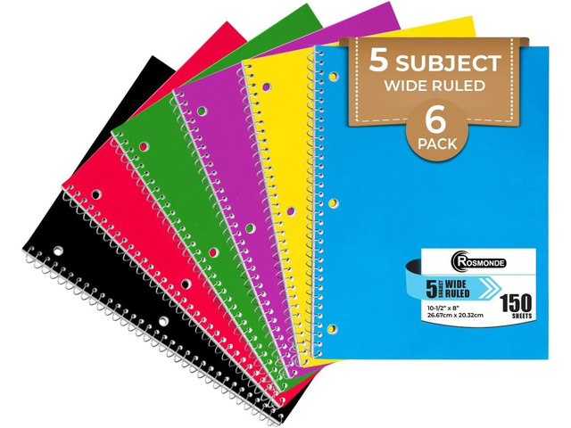 6 Pack, 5 Subject Notebook Wide Ruled, 150 Sheets (300 Pages) No-Bleed Paper, 8 x 10-1/2', 5 Subject Spiral Notebook with Dividers, 150 Sheets, 3...