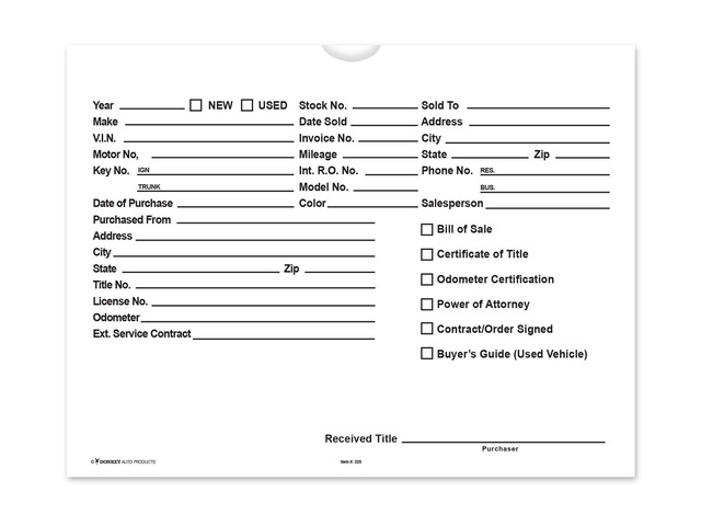 Printed Vehicle Deal Envelopes 9x12 Deal Jackets (100 shrink wrapped) (White)