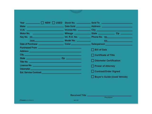 Printed Vehicle Deal Envelopes 9x12 Deal Jackets (100 shrink wrapped) (Teal)