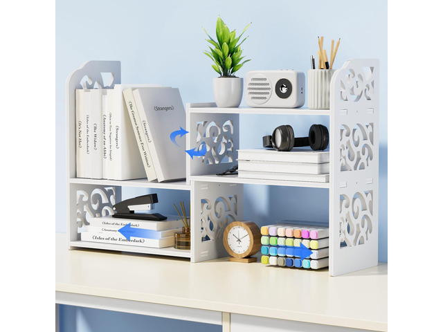Adjustable Desktop Shelf Organizer, 3-Tier Desk Shelf, White Pattern Expandable Width Design, 3-Tier Storage, Cloud Pattern Style, Lightweight PVC...