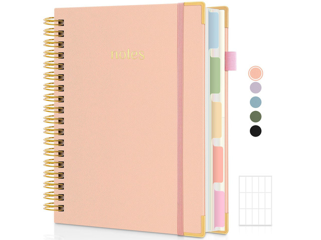 5 Subject Notebook with Dividers and Tabs, 8' x 10' College Ruled Notebook for Work, 300 Pages Spiral Journal for Women, Pink