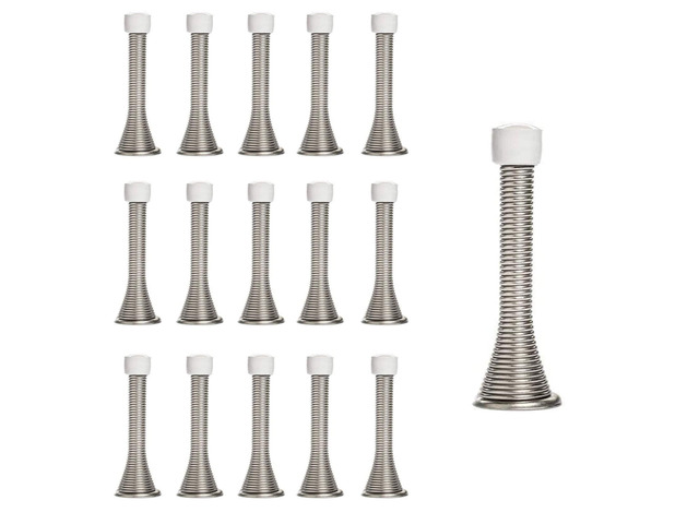 16 Pack Spring Door Stops 3 1/4 Inch Flexible Heavy Duty Spring Door Stopper with RustProof Screw Rubber Bumper Tips (Satin Nickel)