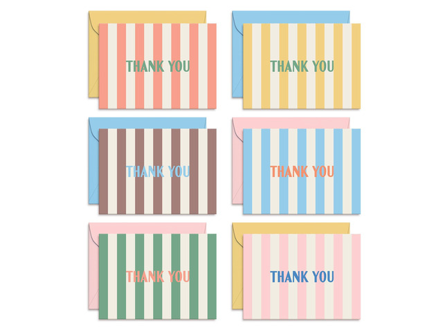 Summer Stripes Thank You Cards Set of 24 Blank Cards with Envelopes 6 Colorful Designs (4 of Each) 4x5.5 Flat Note Cards Pastel Pink, Blue &...