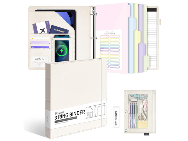 Leather 3 Ring Binder for Letter Size Documents with Pocketed Dividers, 1 Inch Round Rings, Holds 175 Sheets, Binders with Storage Bag & Notepad,...