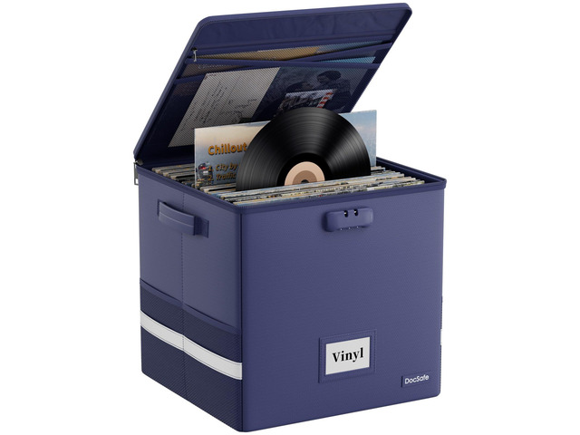 Vinyl Record Storage Box with Lock, FireproofWater Resistant Record Organizer for 100+ Single Records(12-inch), Collapsible Storage Crate with...