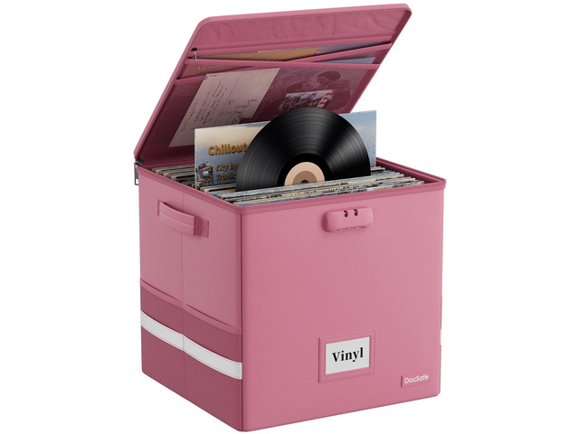 Vinyl Record Storage Box with Lock, FireproofWater Resistant Record Organizer for 100+ Single Records(12-inch), Collapsible Storage Crate with...