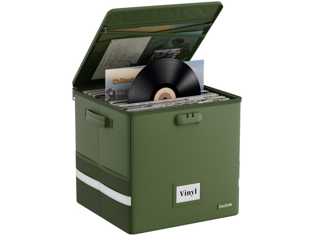 Vinyl Record Storage Box with Lock, FireproofWater Resistant Record Organizer for 100+ Single Records(12-inch), Collapsible Storage Crate with...