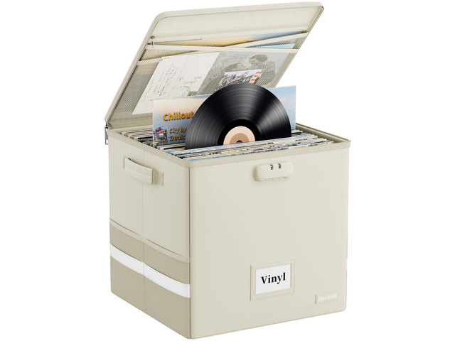 Fireproof Vinyl Record Storage Box with Lock, Beige, 13'x13'x13' Record Organizer for 100+ Single Records(12-inch),Collapsible,with...