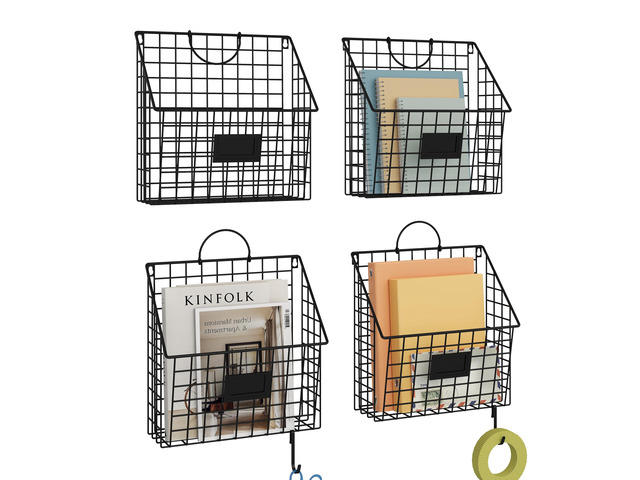 4 Packs Hanging Wall File Organizer with Hooks, Magazine Rack,Mail Basket Metal Wall Mounted File Holder Folder with Handles, Home Office...