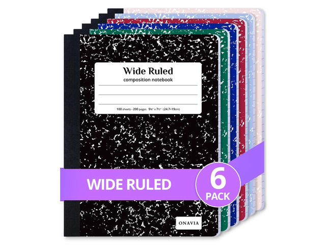 Composition Notebook Wide Ruled 6 Pack, 200 Pages, Assorted 100 ct, 9.75 x 7.5 in, Wide Ruled Composition Notebook, Durable Comp Book, School...