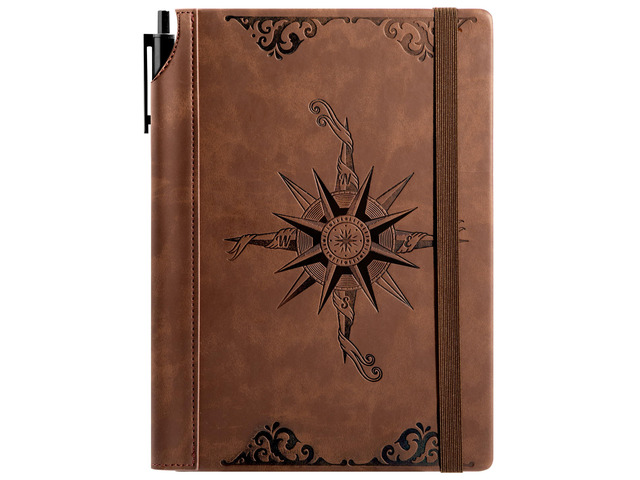Compass Leather Journal for Men Women, A5 Lined Notebook Writing Gift 288 Pages 100 GSM Acid-free Paper, Bleed-free, Pen holder, Lay Flat, For...
