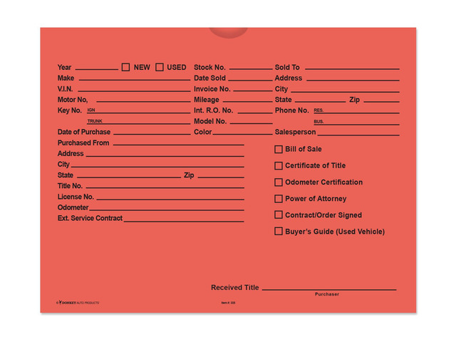Printed Vehicle Deal Envelopes 9x12 Deal Jackets (100 shrink wrapped) (Salmon)